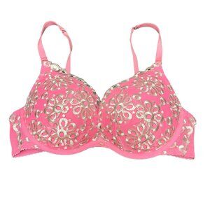 Victorias Secret‎ Bra Push Up Floral Lace Padded Embroidery 34D Pink White